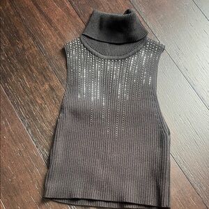 Zara Black Ribbed Sleeveless Turtleneck with Stud Accents